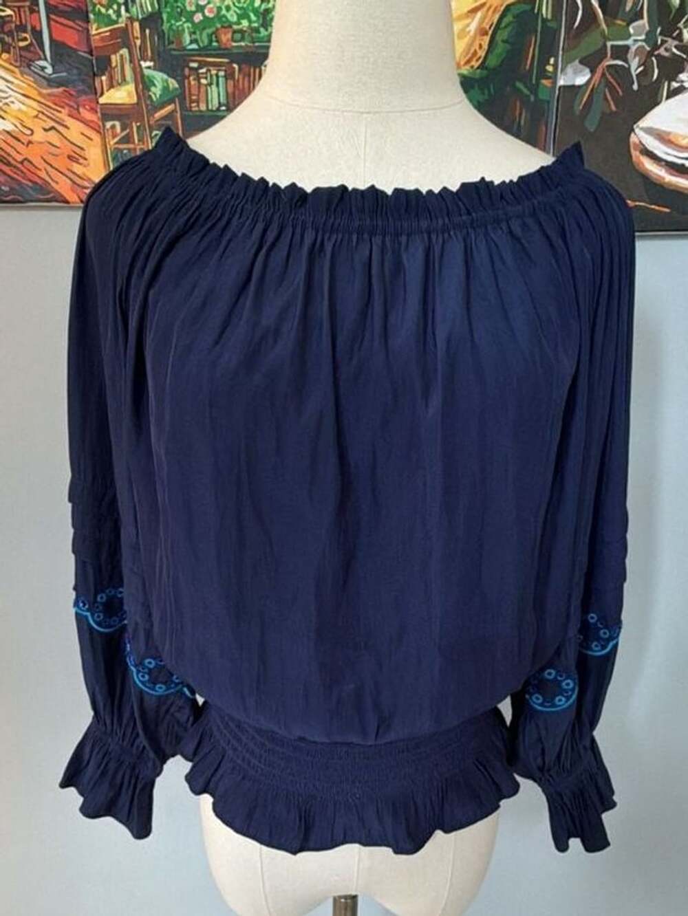 Ramy Brook Clara Off The Shoulder Blouse in Spring Navy Blue Size L